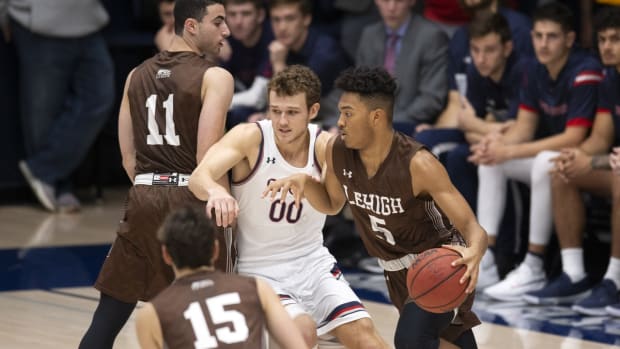 Nov 23, 2019; Moraga, CA, USA; Lehigh Mountain Hawks guard Evan Taylor (5) dribbles the ball as guard Jordan Cohen (11) sets a pick against Saint Mary s Gaels guard Tanner Krebs (00) during the first half at McKeon Pavilion. Mandatory Credit: D. Ross Cameron-USA TODAY Sports